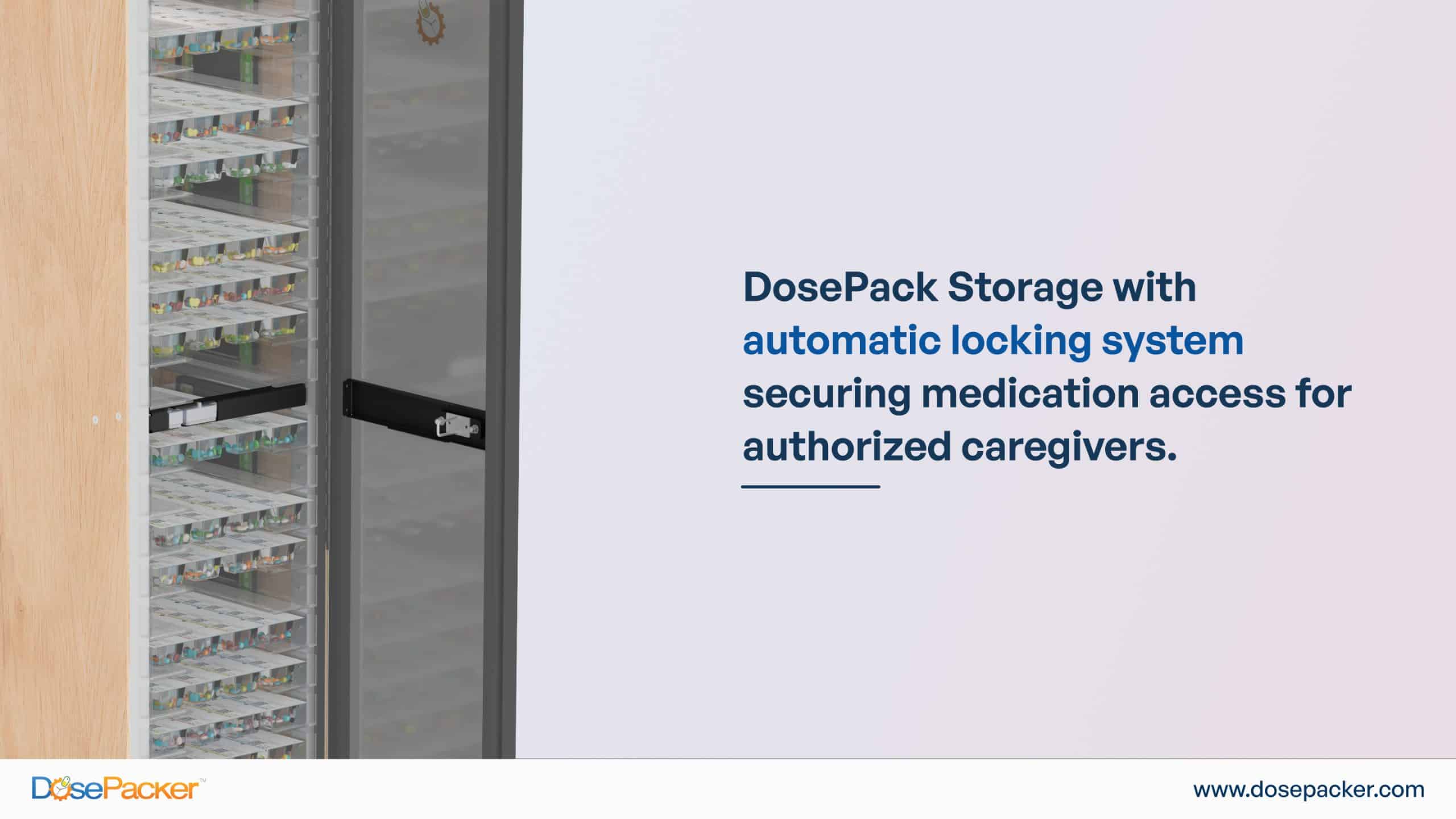 DosePack Storage with automatic locking system securing medication access for authorized caregivers.