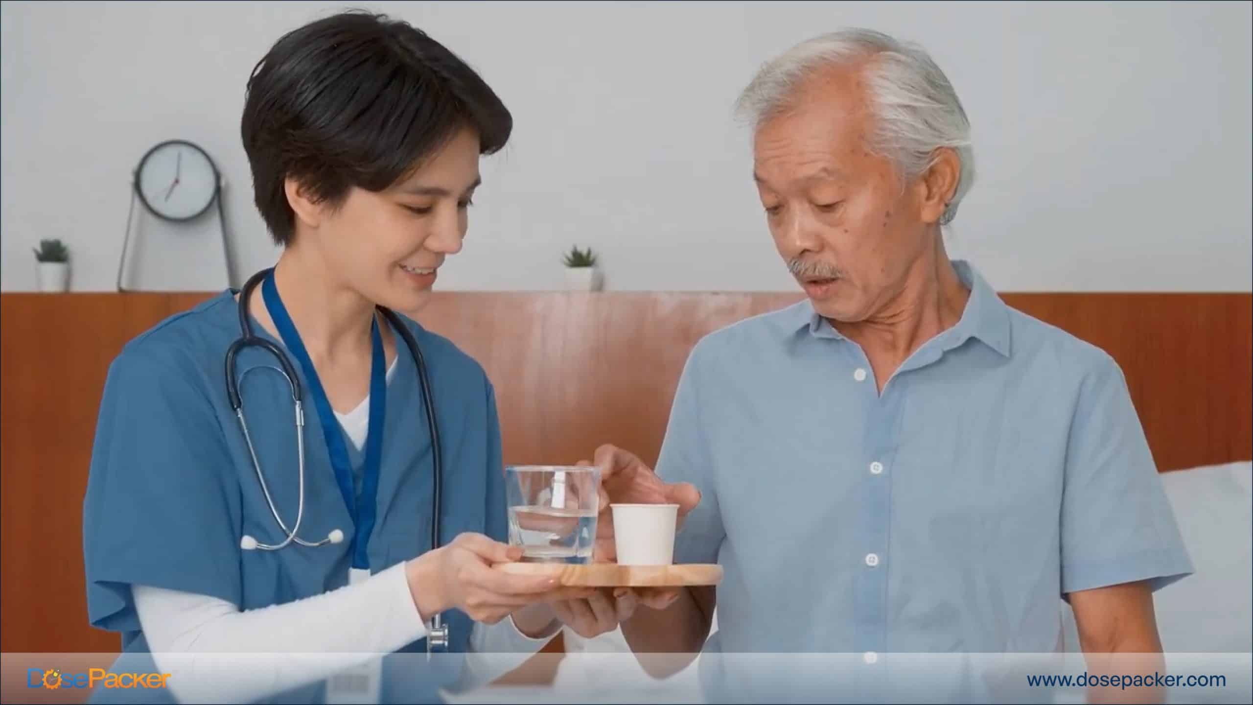 Caregiver helping a senior take their medication on time