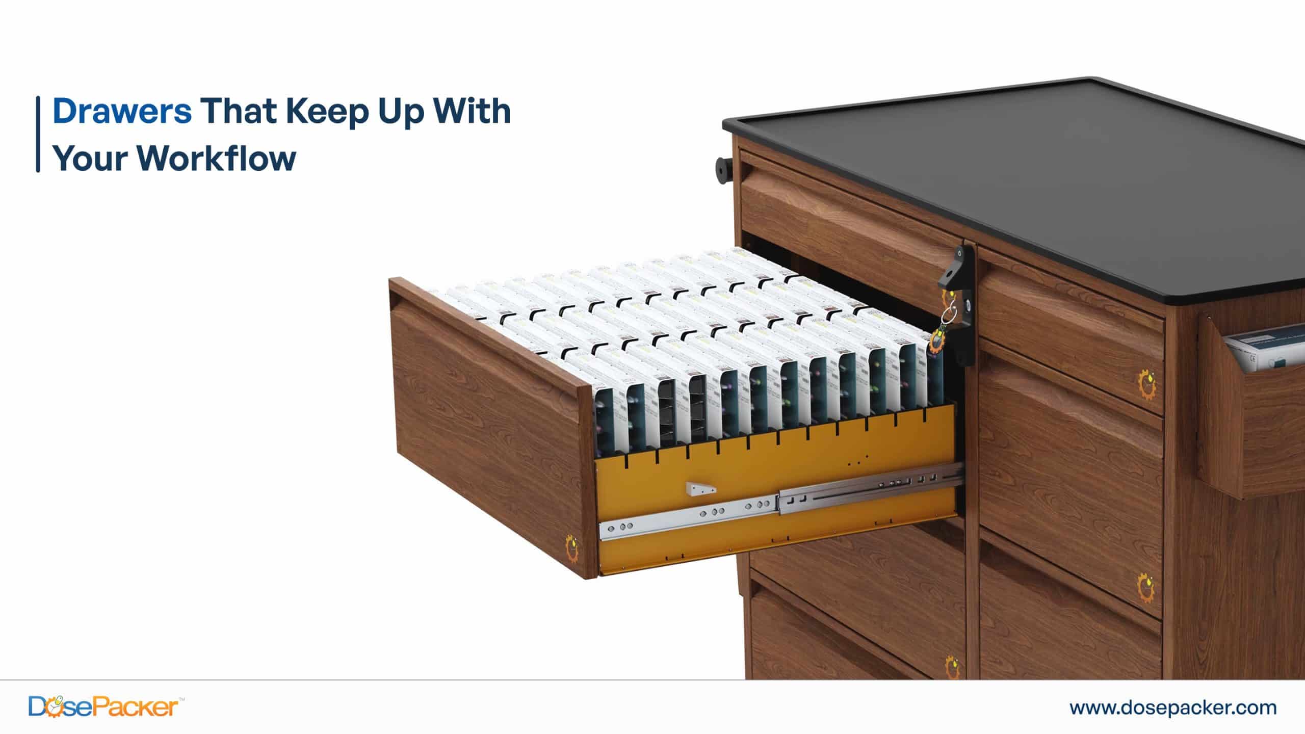 DoseKart with three customizable drawers for organized medication storage and secure narcotics access