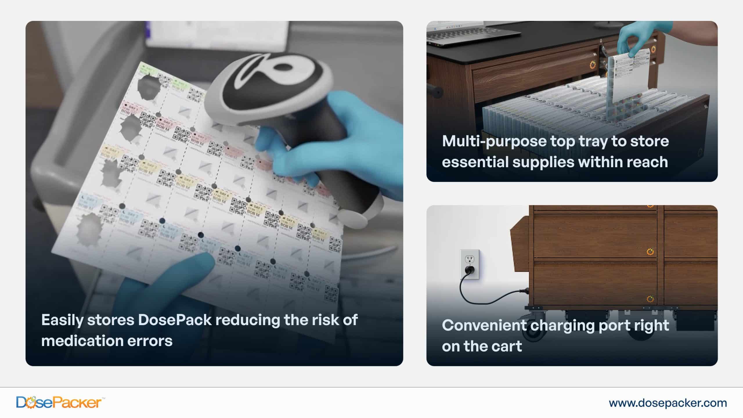 DoseKart with storage for DosePack, multi-purpose top tray, and built-in charging port