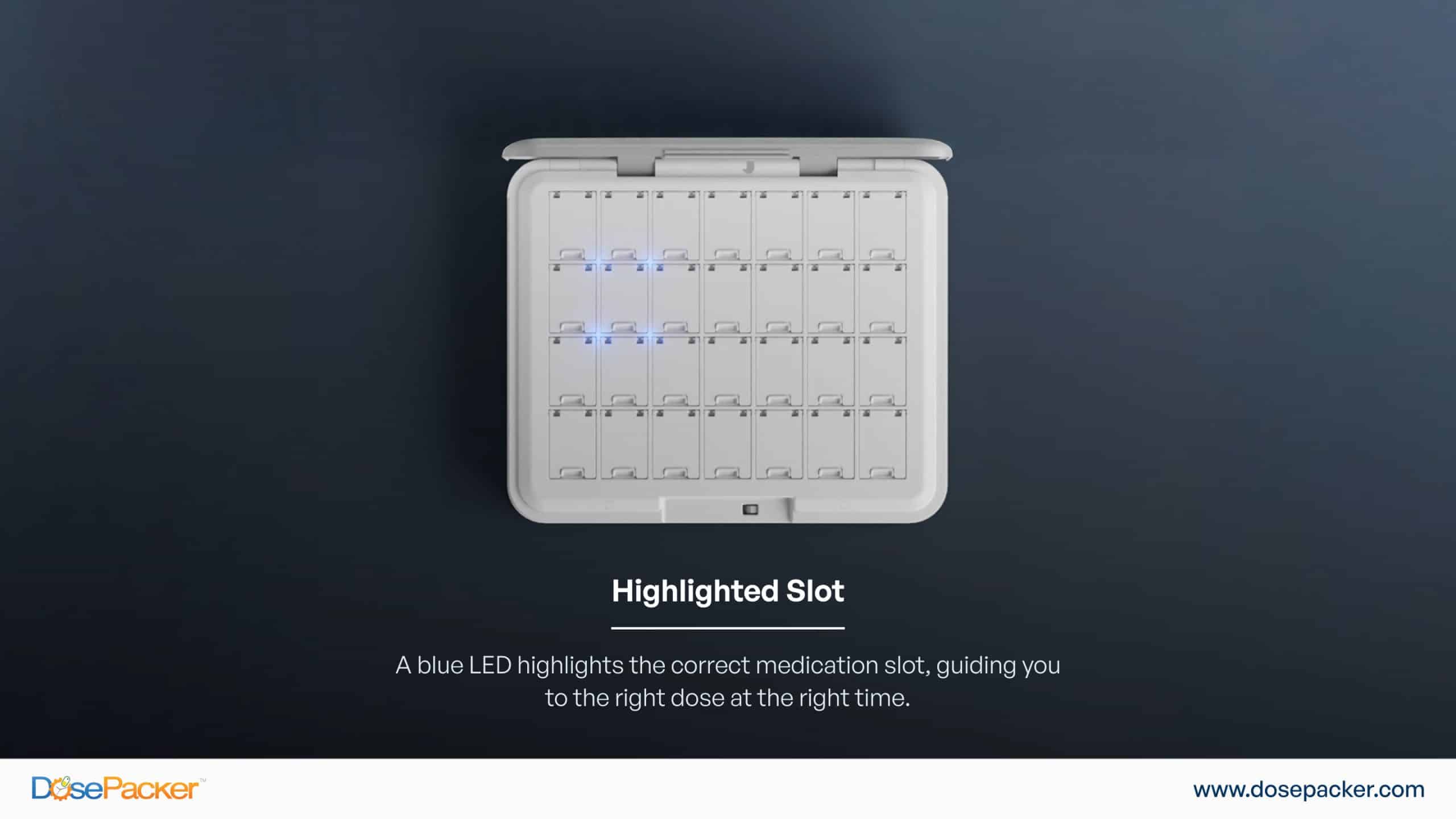 DoseMinder device lighting up the correct medication slot with blue LED