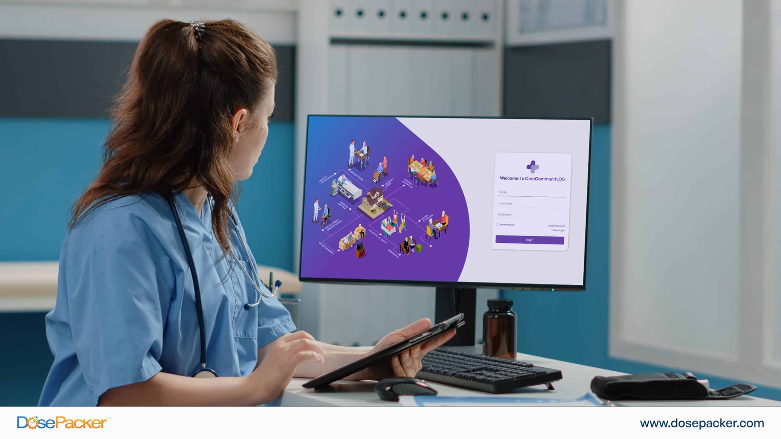 Caregiver using assisted living software on a tablet to manage medication schedules and resident care in a senior living facility.