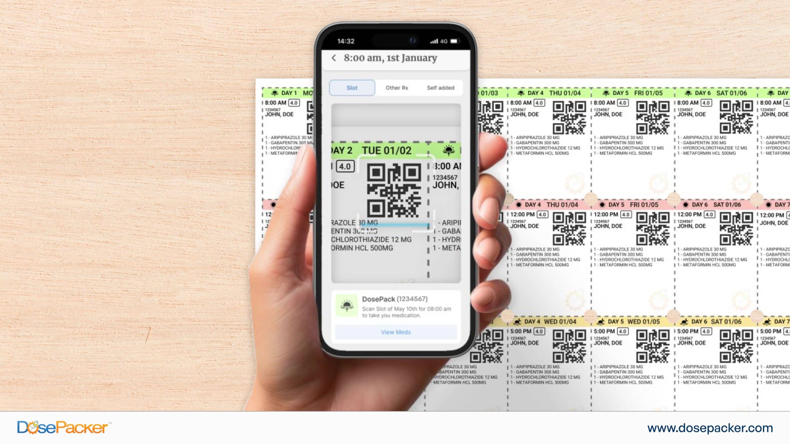 Caregiver scanning DosePack QR code using the MyDoses app 