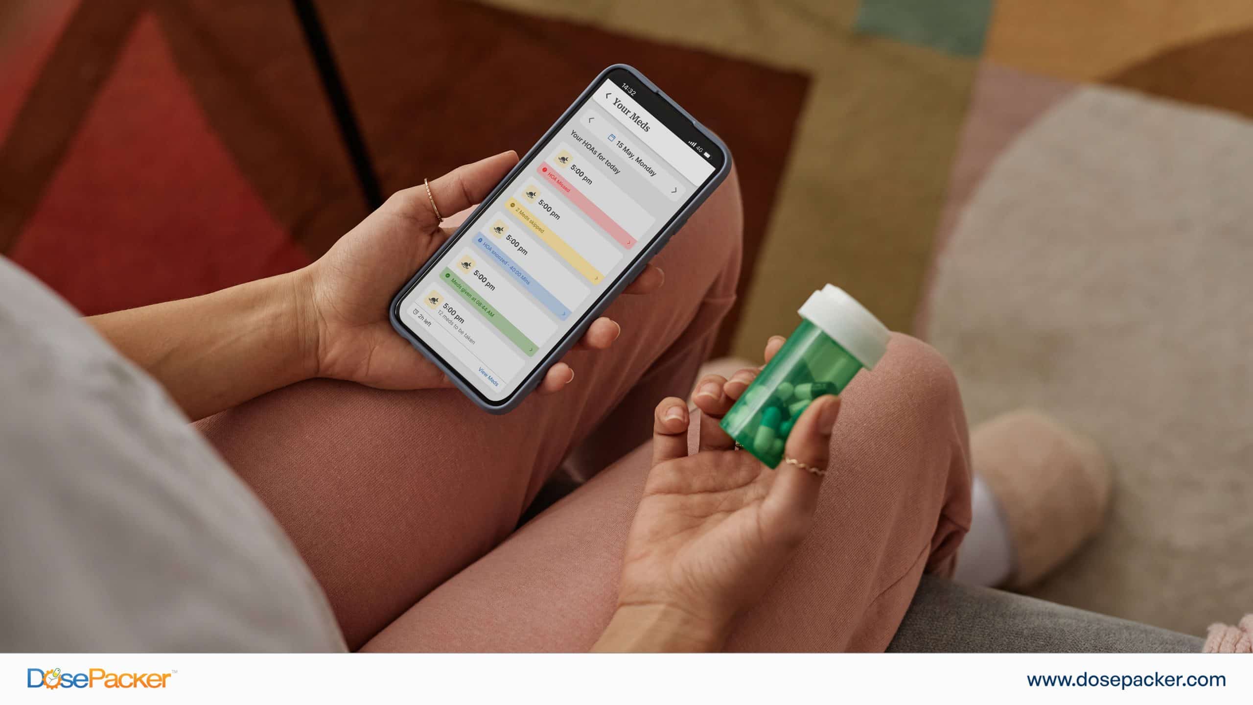 Timeline view showing medication taken or missed