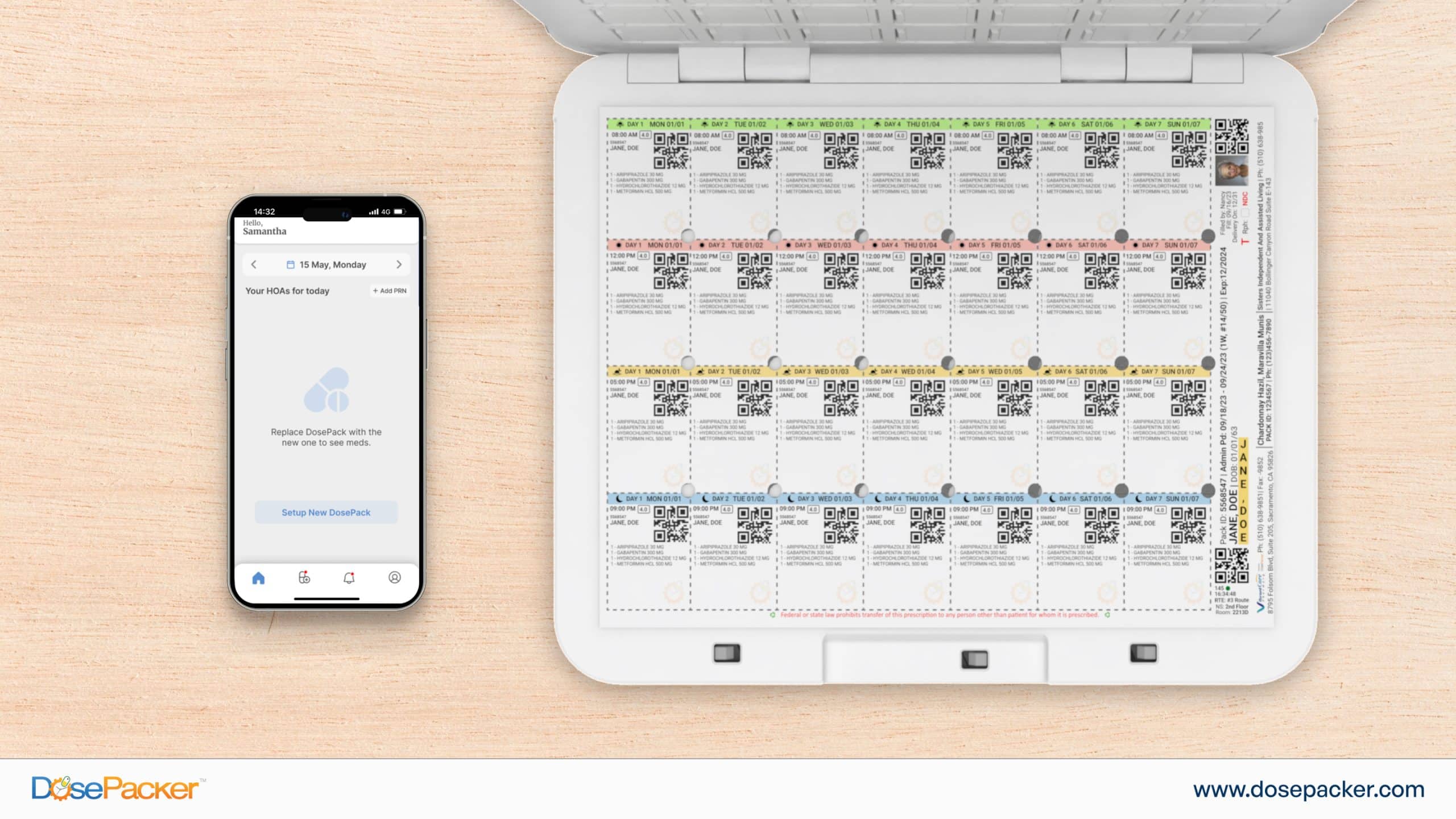 MyDoses app notifying users to refill or replace their DosePack