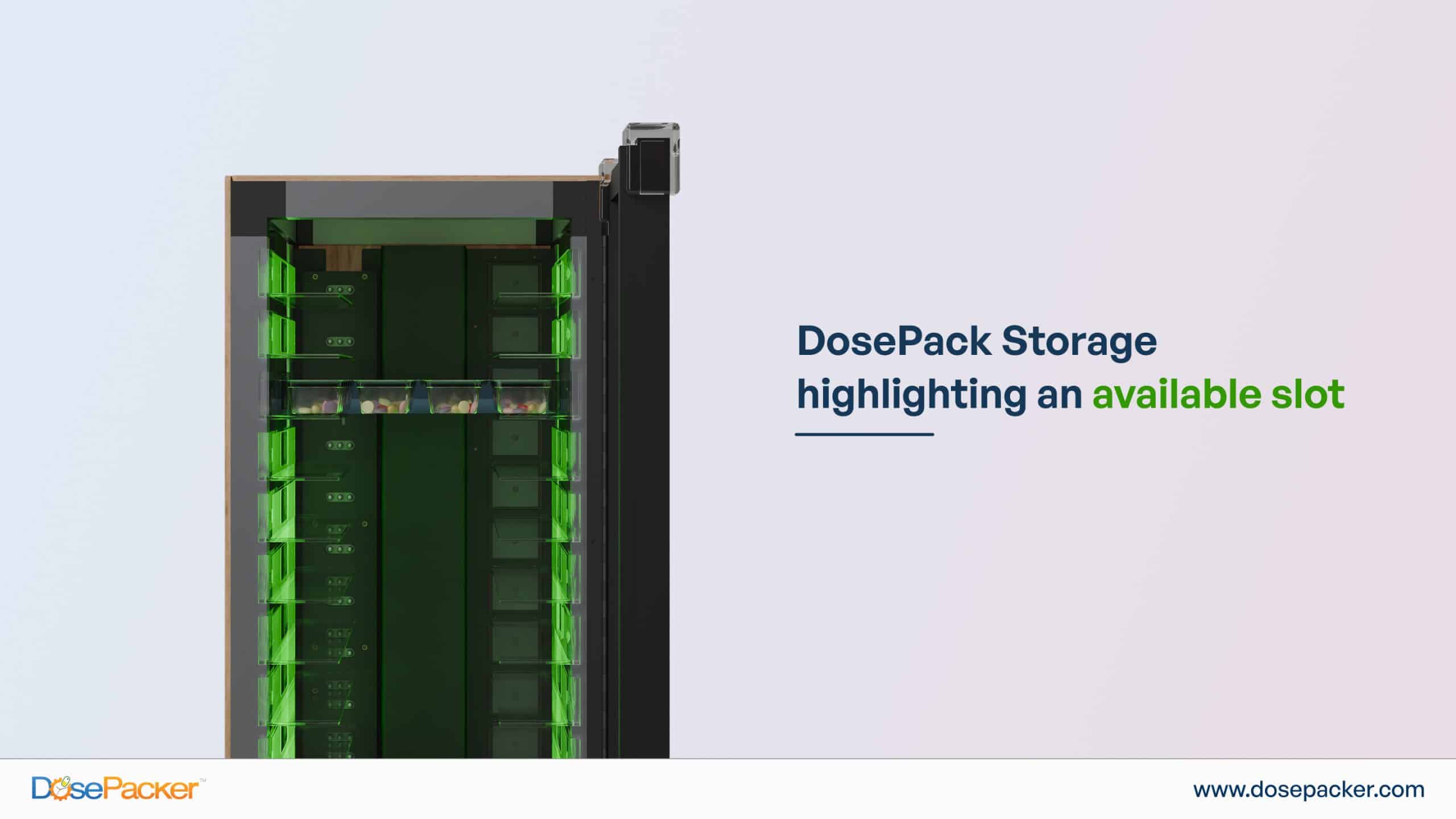 DosePack Storage highlighting an available slot with a green LED indicator