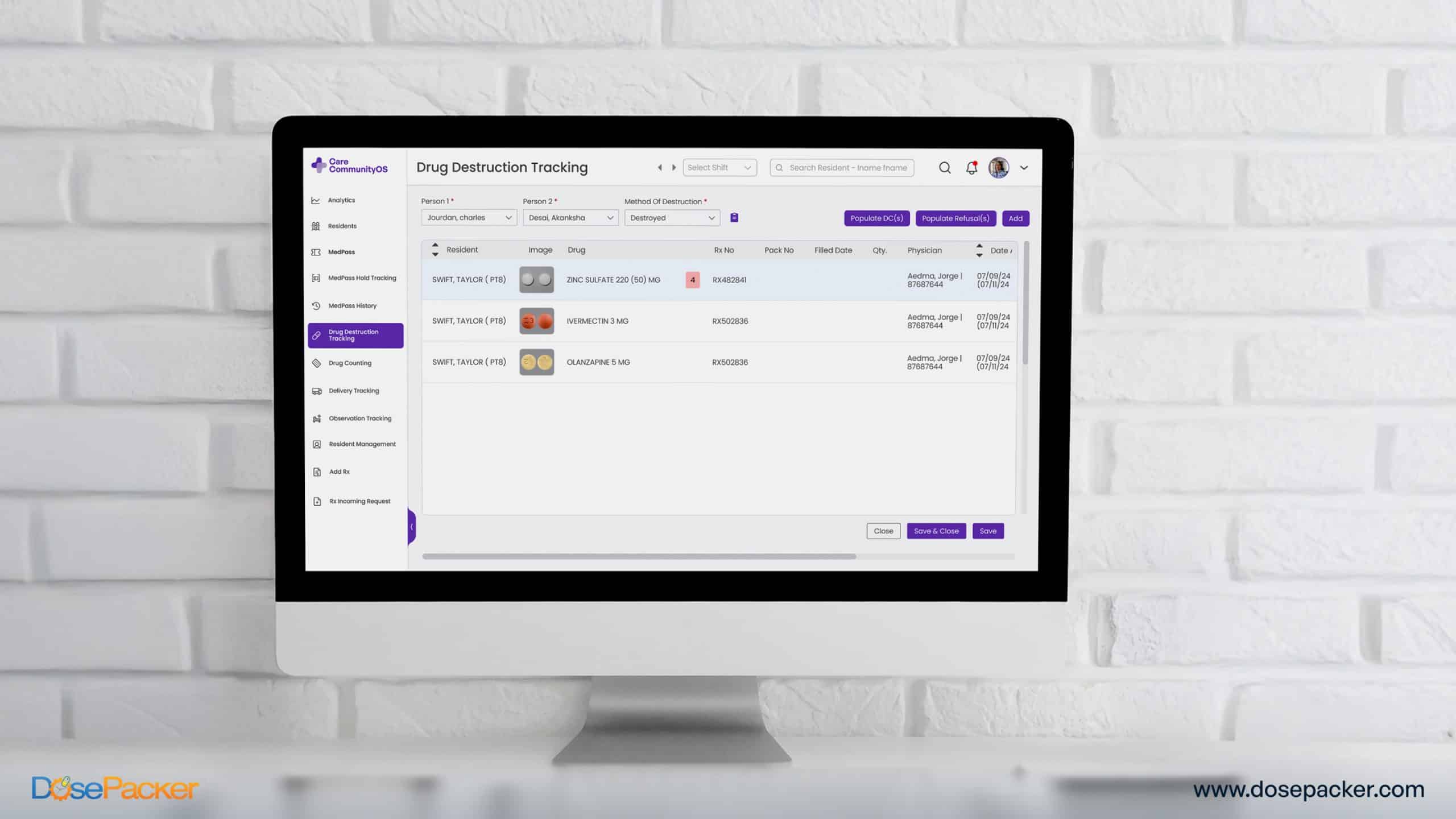 Audit-ready digital logs of medication returns and destruction are tracked securely within CareCommunityOS.