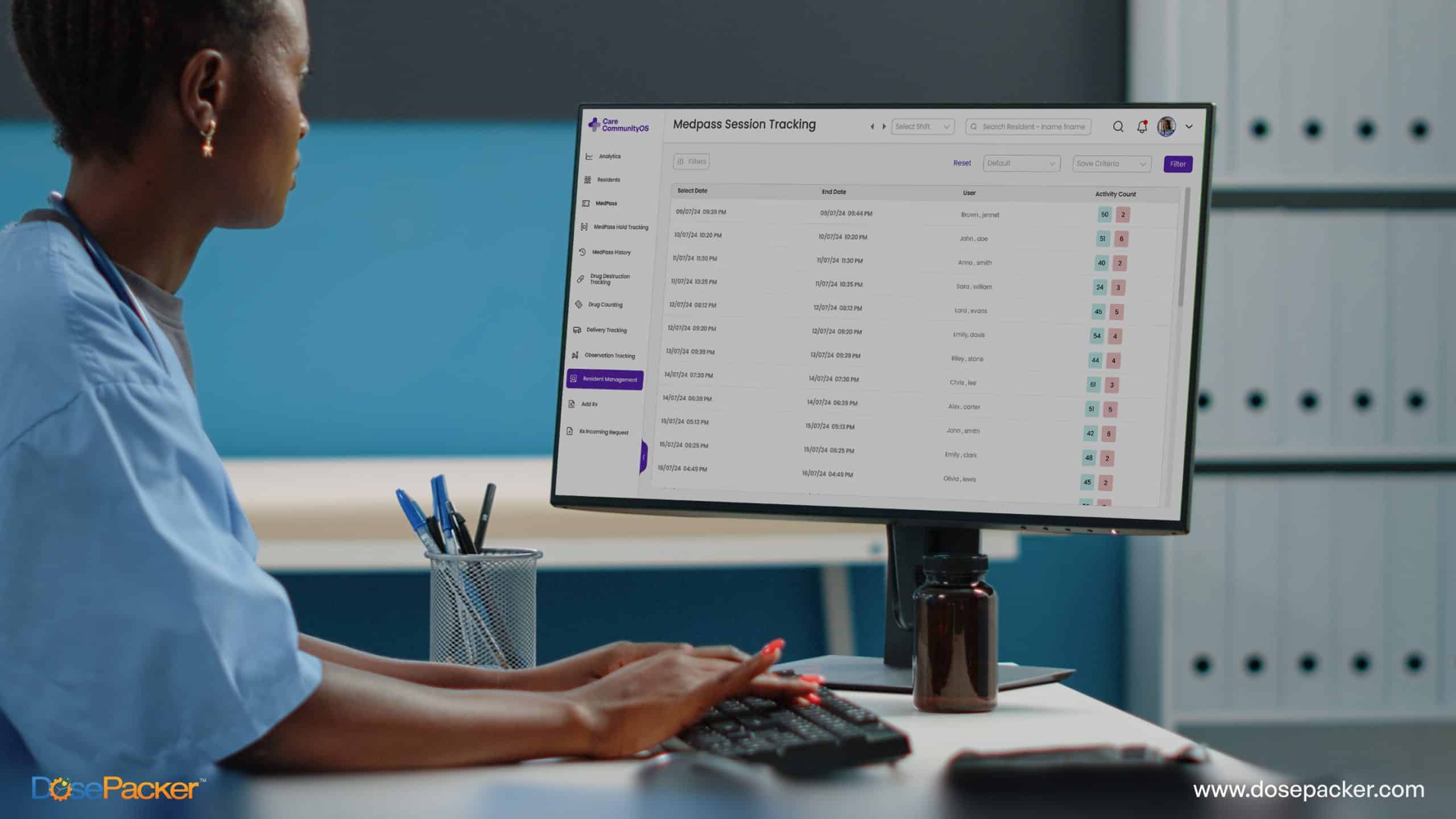 Caregiver using CareCommunityOS for accurate and automated medication tracking.