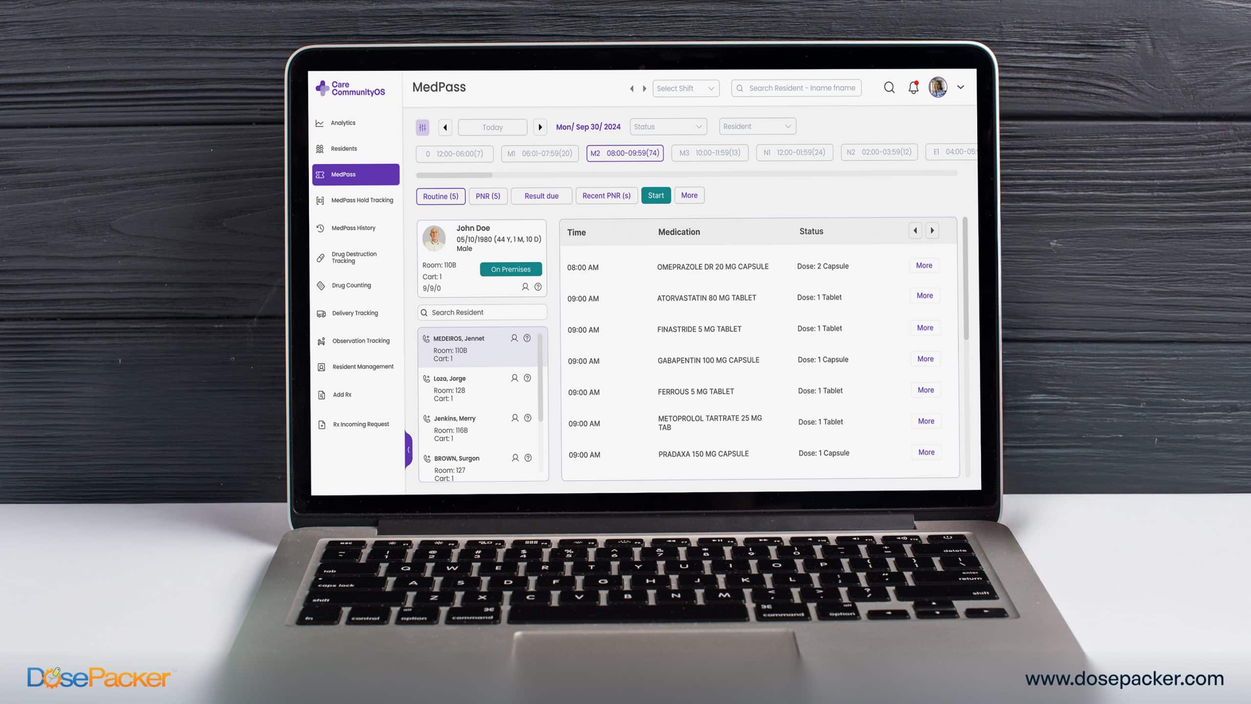 Caregiver checking resident profile in CareCommunityOS showing medical history, diet plans, medication schedules, and incident tracking in one intuitive dashboard.
