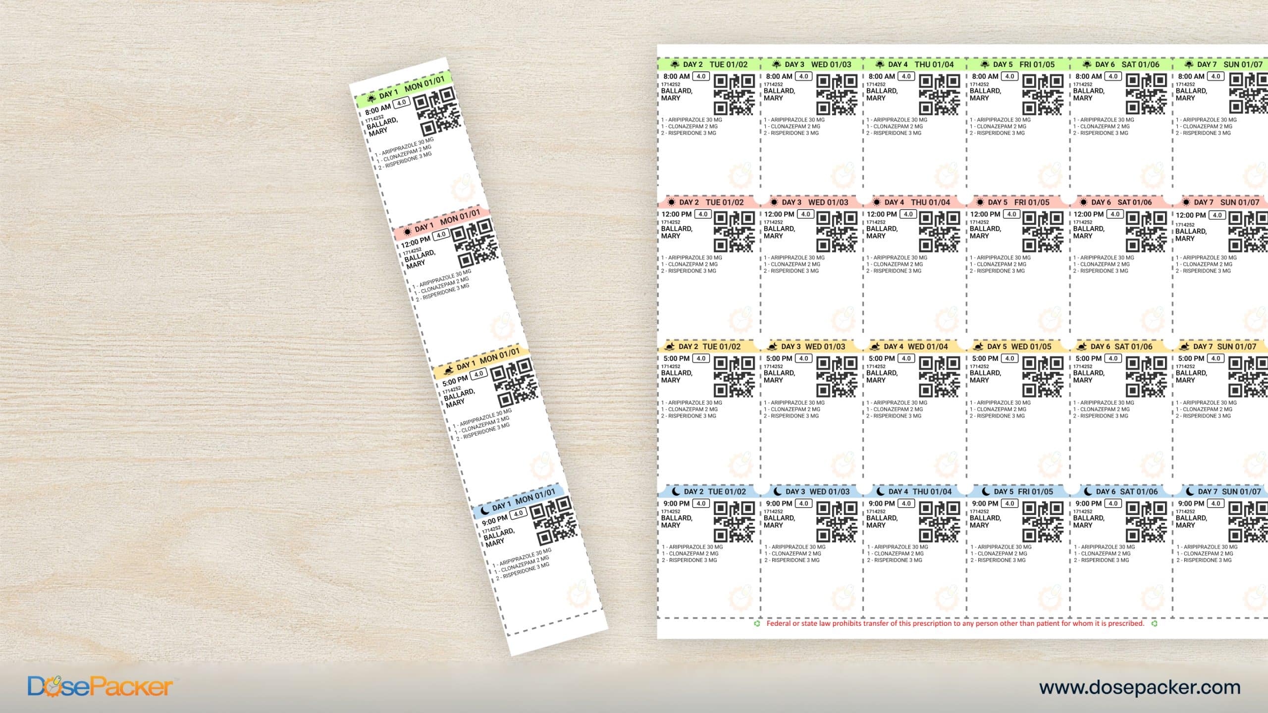 Caregiver preparing a personalized, color-coded medication pack for a resident going on leave.