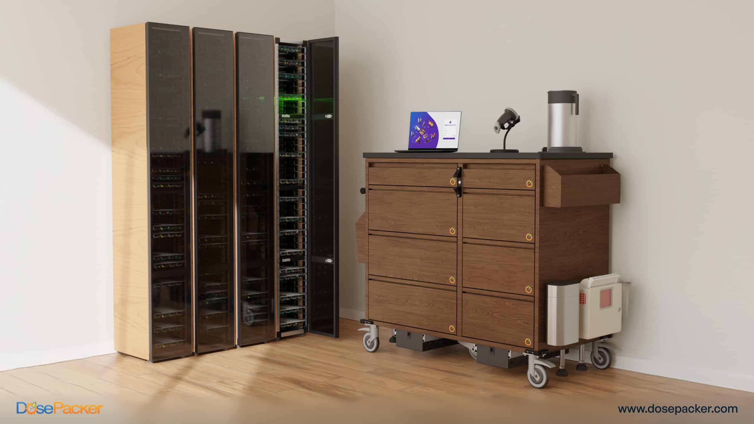 Caregiver efficiently manages medications using CareCommunityOS synced with DosePacker devices.