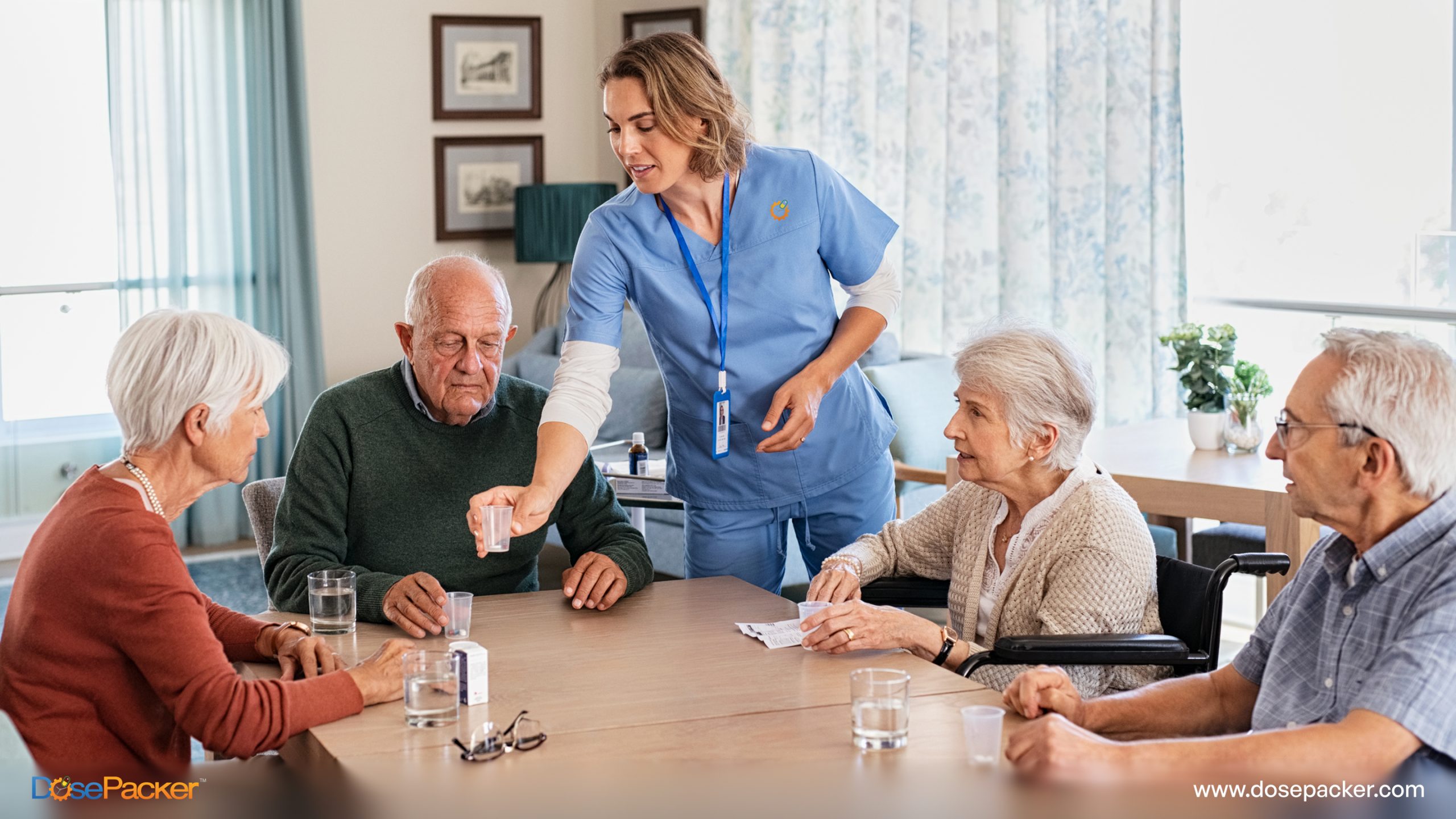 Residents and staff engage in joyful interaction, improving communication thanks to senior living CRM software. 